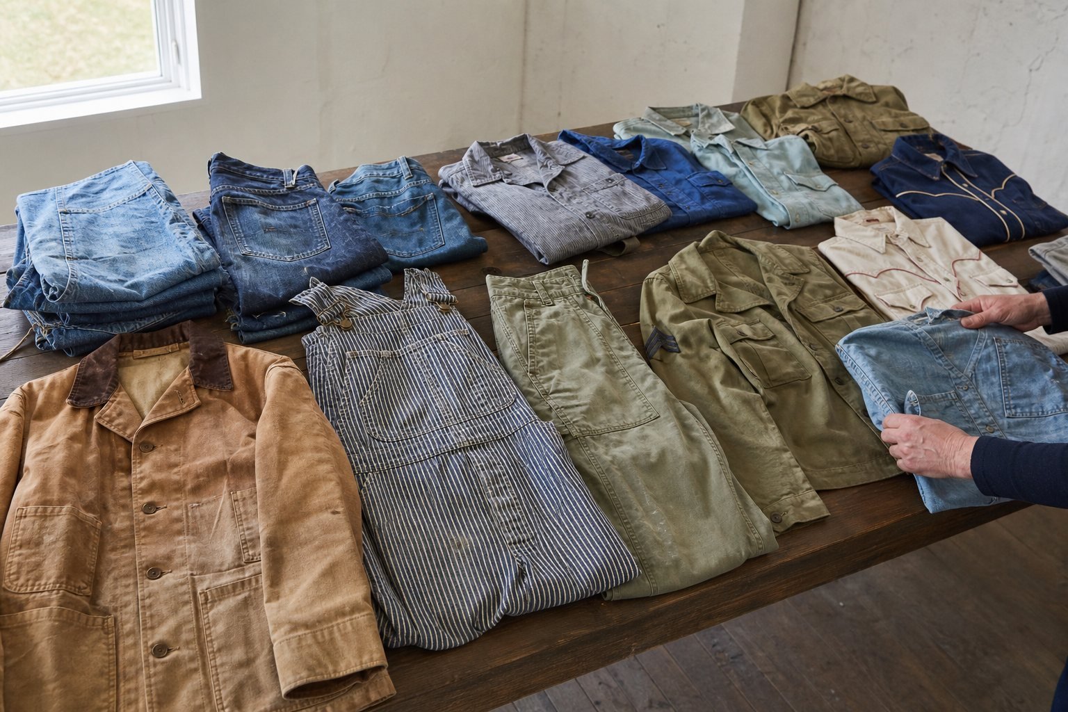 A mixed group of older jackets, denim, overalls, and shirts arranged on a work table