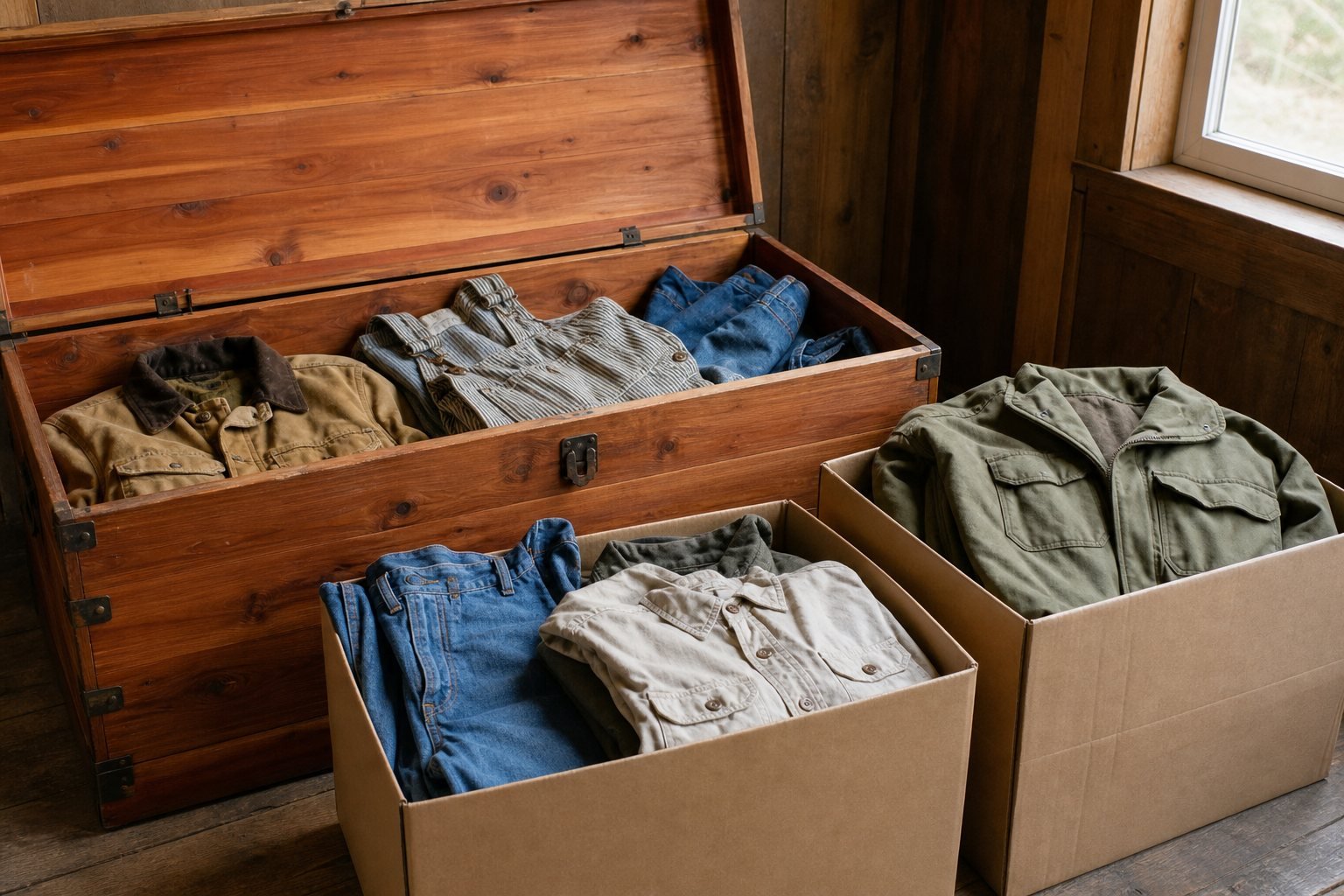 Older clothing hanging and stacked in a storage area